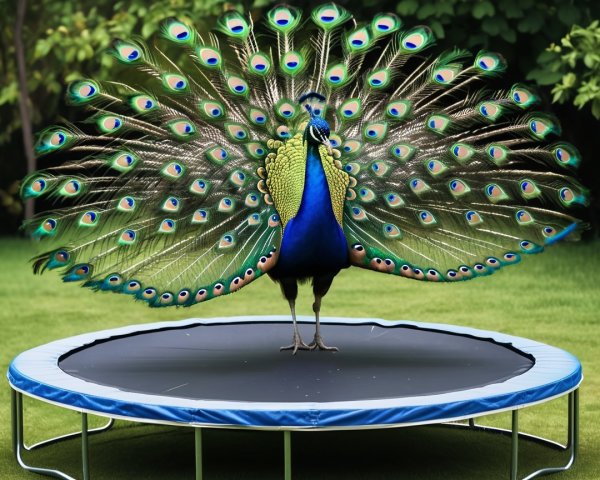 Peacock on Trampoline in Grassy Outdoor Setting