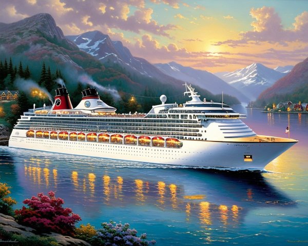 Cruise Ship on Tranquil Waters at Sunset