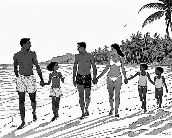 Interracial Family Walking on Tropical Beach Together