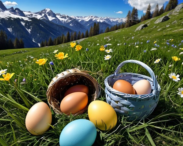 Colorful Eggs in Baskets on a Meadow Landscape