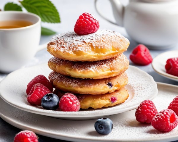 Golden Pancakes with Berries and Tea Setting