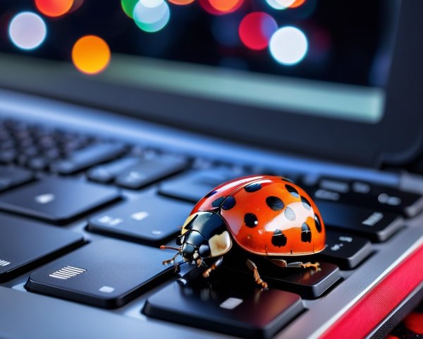 Ladybug on Laptop Keyboard with Colorful Bokeh Background