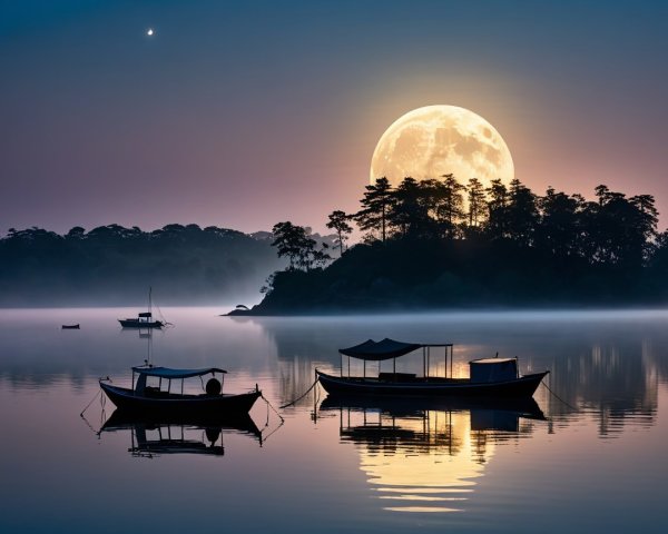 Tranquil Lake Scene with Boats and Rising Moon