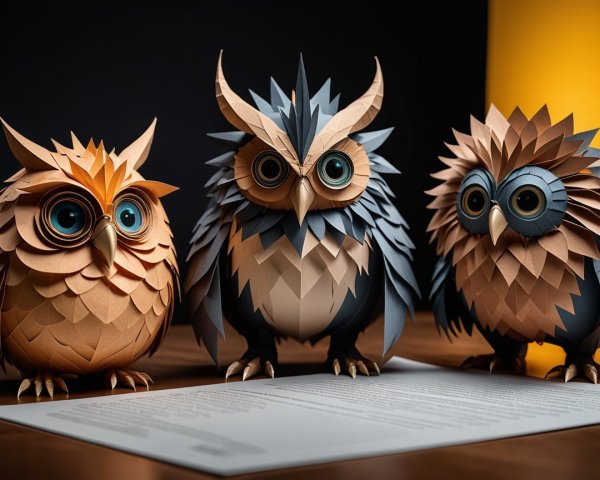 Three Detailed Papercraft Owls on Dark Wooden Surface