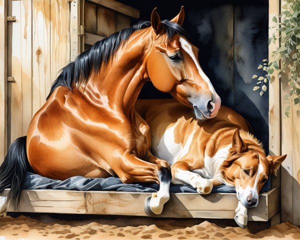 Golden-brown horse and brown border collie in dog house