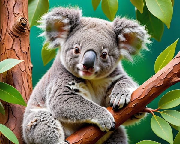 Koala on Tree Branch Surrounded by Green Leaves