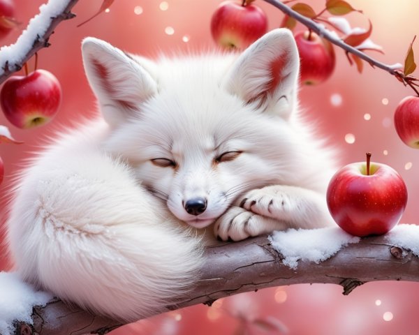 White Fox Sleeping on Snowy Branch with Red Apples