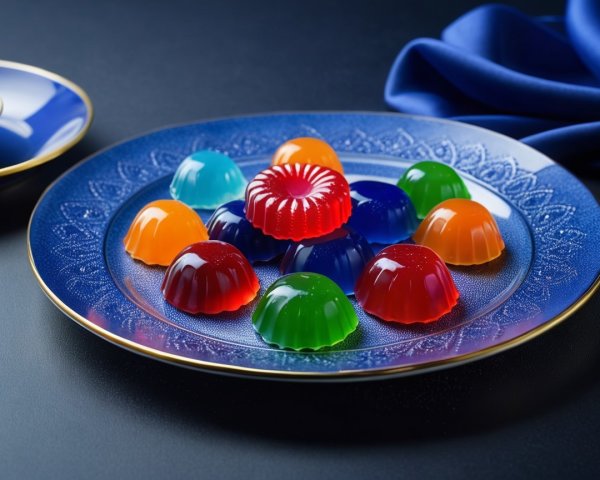 Colorful Jelly Desserts on Ornate Blue Plate