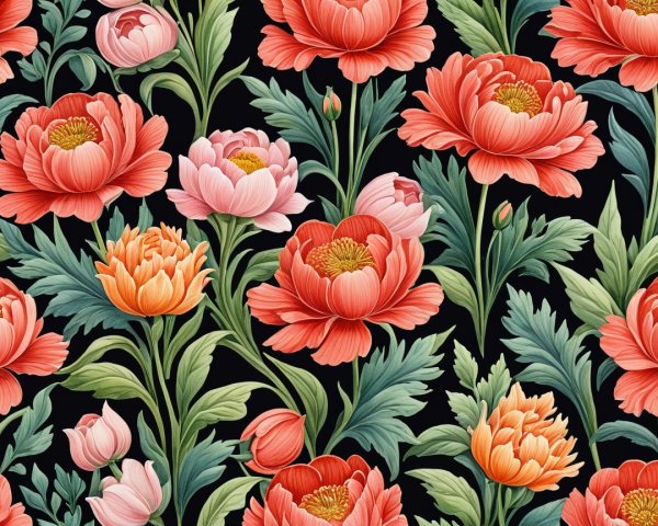 Vibrant Floral Pattern on Black Background