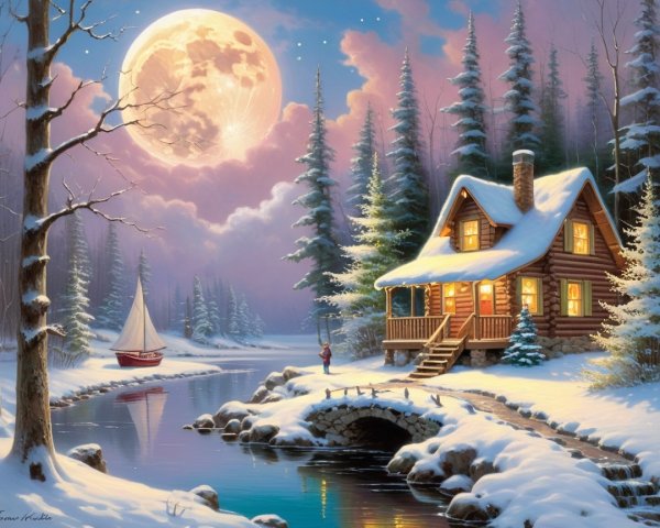 Cozy log cabin by tranquil river under full moon