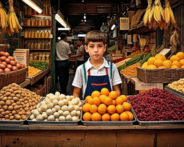 Young Boy at Market Stall with Fresh Produce Display