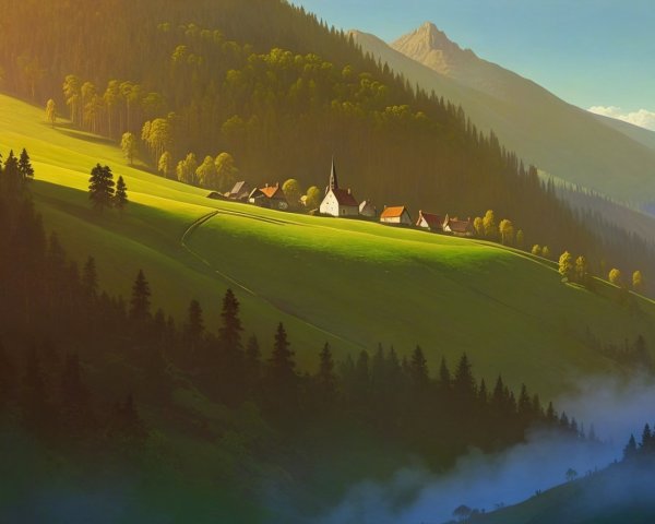 Picturesque Village in Lush Green Hillside Landscape