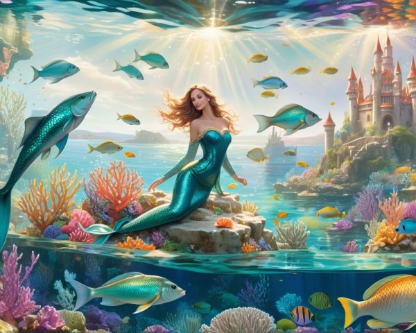 Underwater Scene with Mermaid and Coral Reefs