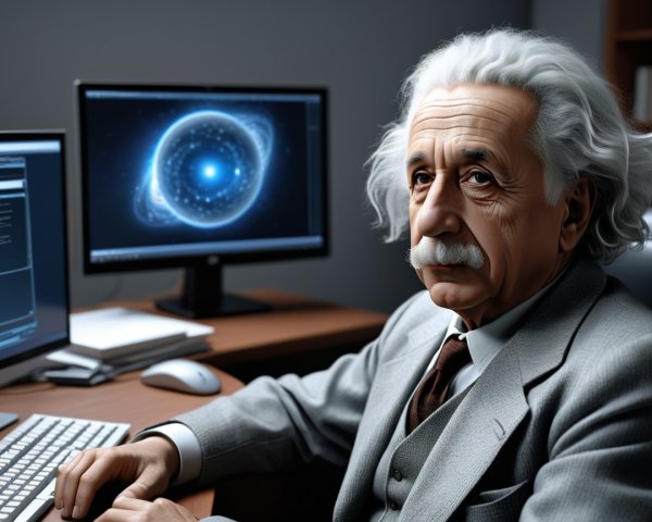 Elderly Man at Computer in Classic Suit with Cosmic Display