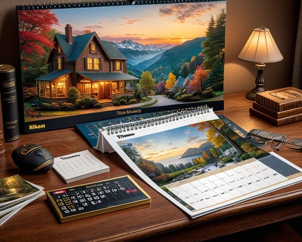 Cozy Wooden Desk with Scenic Calendars and Warm Lighting