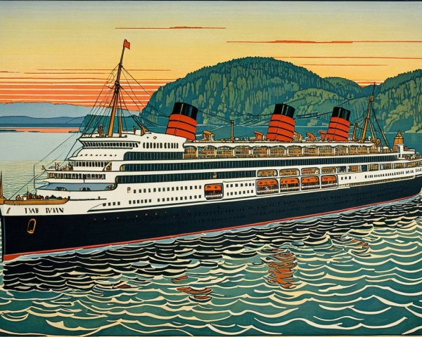 Stylized depiction of a classic ocean liner at sunset