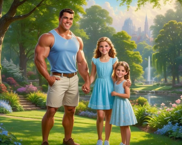 Muscular Man with Girls in Vibrant Park Setting