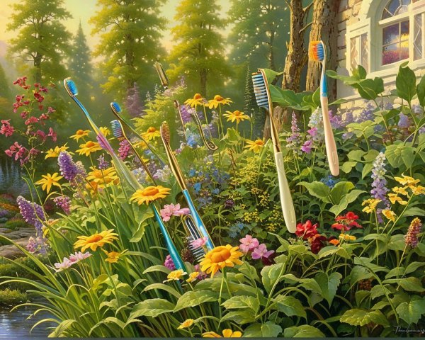 Vibrant garden with colorful flowers and toothbrushes