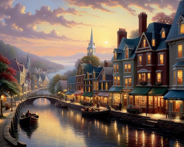 Charming Waterfront Town at Dusk with Colorful Facades