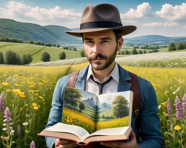 Man in Hat with Book in Flower Field Landscape
