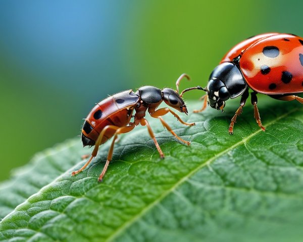 Close-Up of Ladybug and Ant on Green Leaf