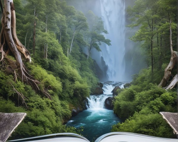 Open Book with Waterfall and Lush Forest Background