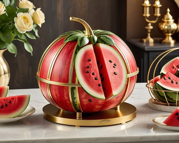 Carved Watermelon Display on Golden Pedestal