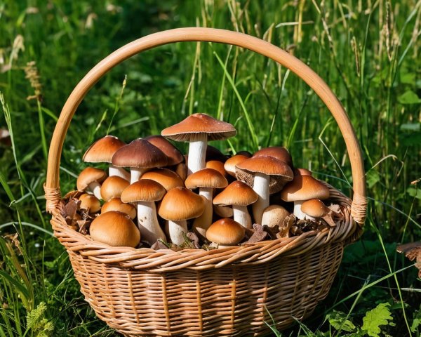 Wicker Basket with Assorted Mushrooms in Nature