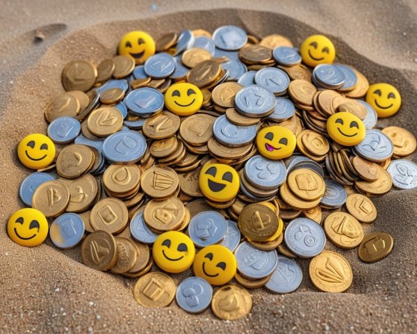 Shiny Coins and Emoji Faces in Soft Sand Scene