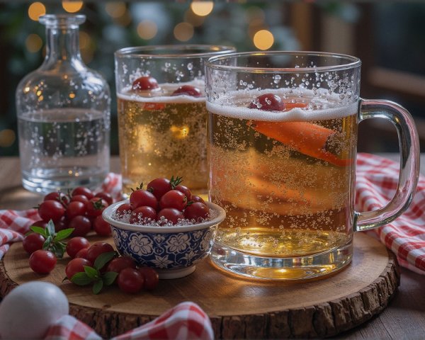 Frosty Mugs of Sparkling Beverage with Tomatoes and Carrot