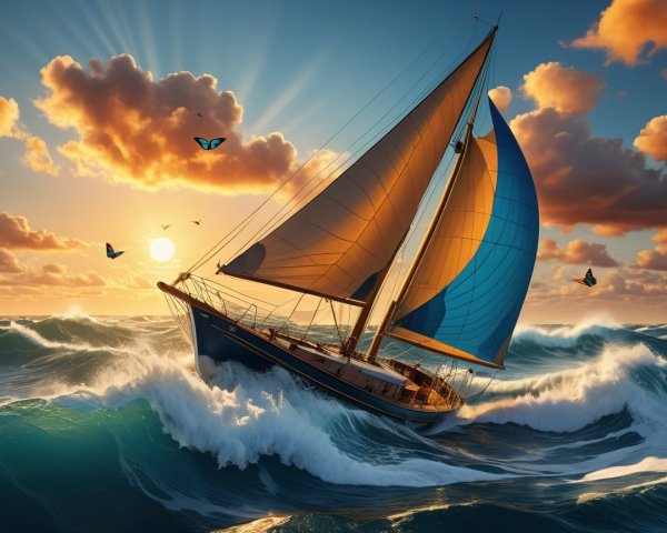 Majestic Sailboat with Colorful Sails at Sunset