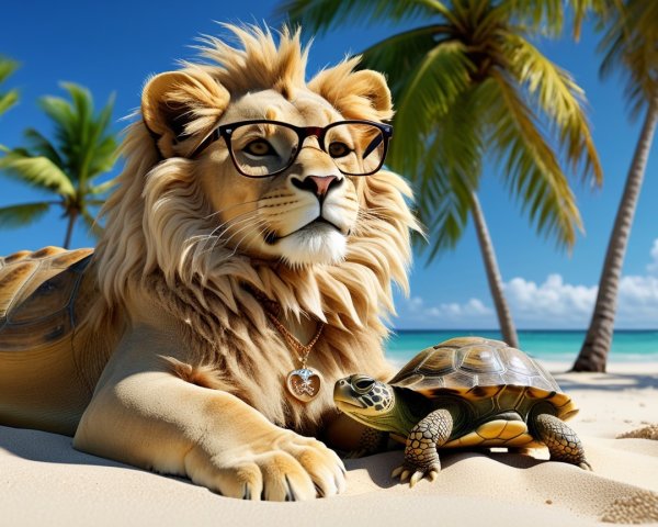 Lion with Glasses Relaxing on a Tropical Beach