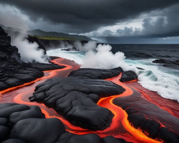 Molten Lava Flowing into Ocean with Dramatic Landscape