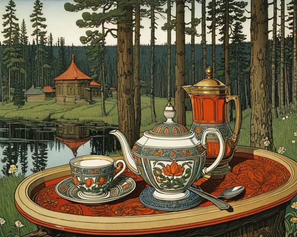 Serene Outdoor Tea Set with Lake and Wildflowers
