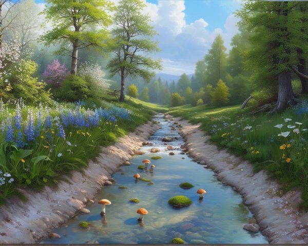 Serene Landscape with Stream and Vibrant Meadow