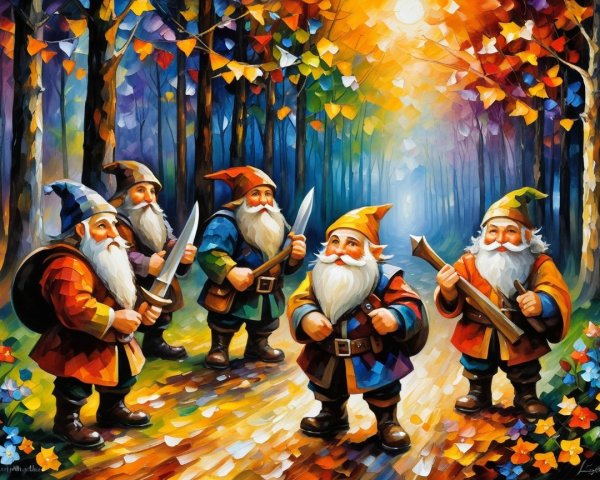 Five Gnomes with Distinctive Hats in Colorful Forest