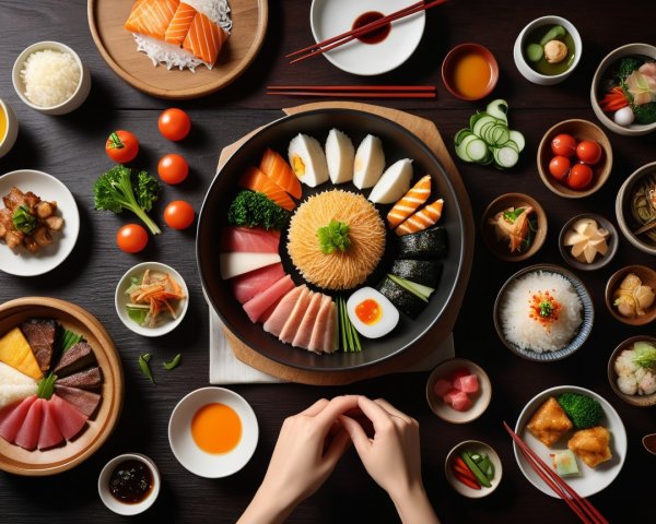 Colorful Sushi and Japanese Dishes Dining Spread