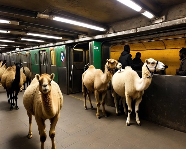 Camels on a Subway Platform Next to a Green Train