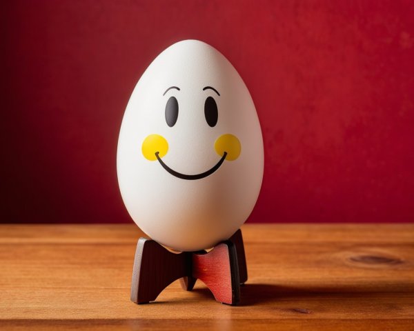 Cheerful White Egg with Smiling Face on Wooden Stand