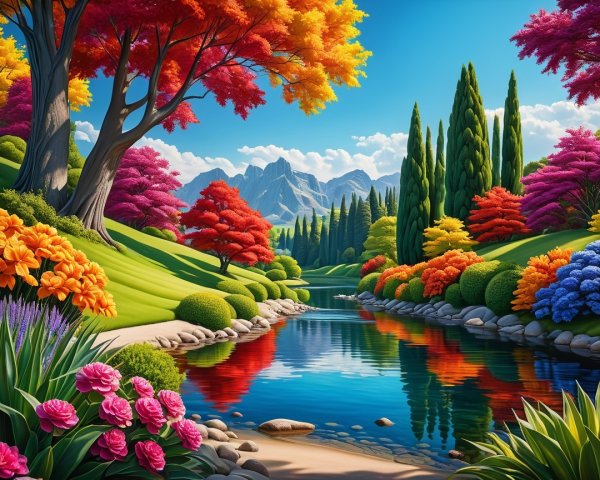 Vivid Landscape with River and Colorful Garden