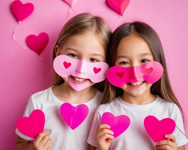 Young Girls in Heart Masks Against Pink Backdrop