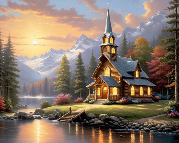 Wooden Church by Lake Surrounded by Autumn Trees