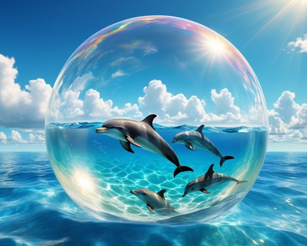 Dolphins in a bubble under a serene ocean scene