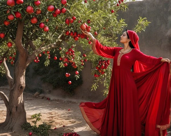 Woman in Red Dress Reaching for Pomegranates in Garden