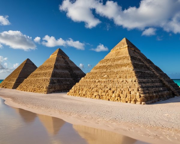 Pyramids on a Beach with Blue Sky and Waves