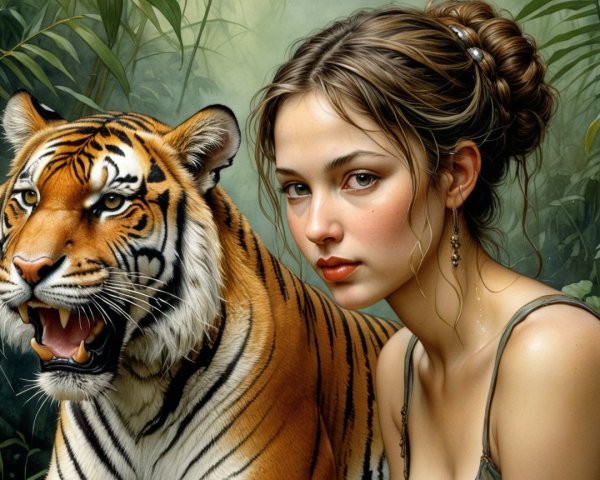 Portrait of a Woman with Tiger in Digital Painting