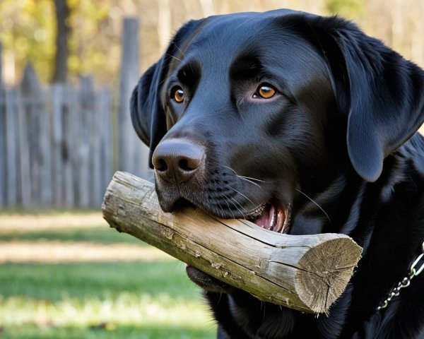 Close-Up of Black Labrador with Stick Outdoors