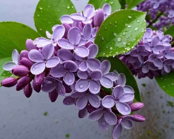 Close-Up of Lilac Blossoms with Water Droplets