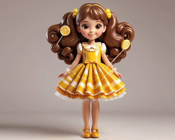 3D Rendering of a Chibi-Style Girl Doll in Yellow Dress