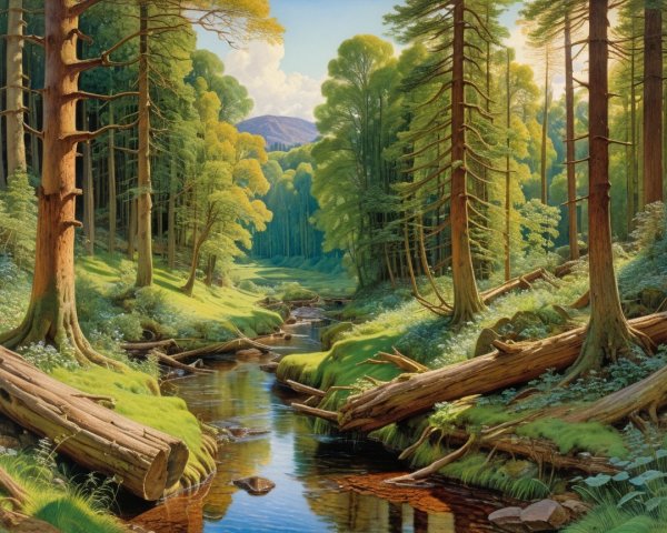 Serene Forest Landscape with Stream and Mountain View